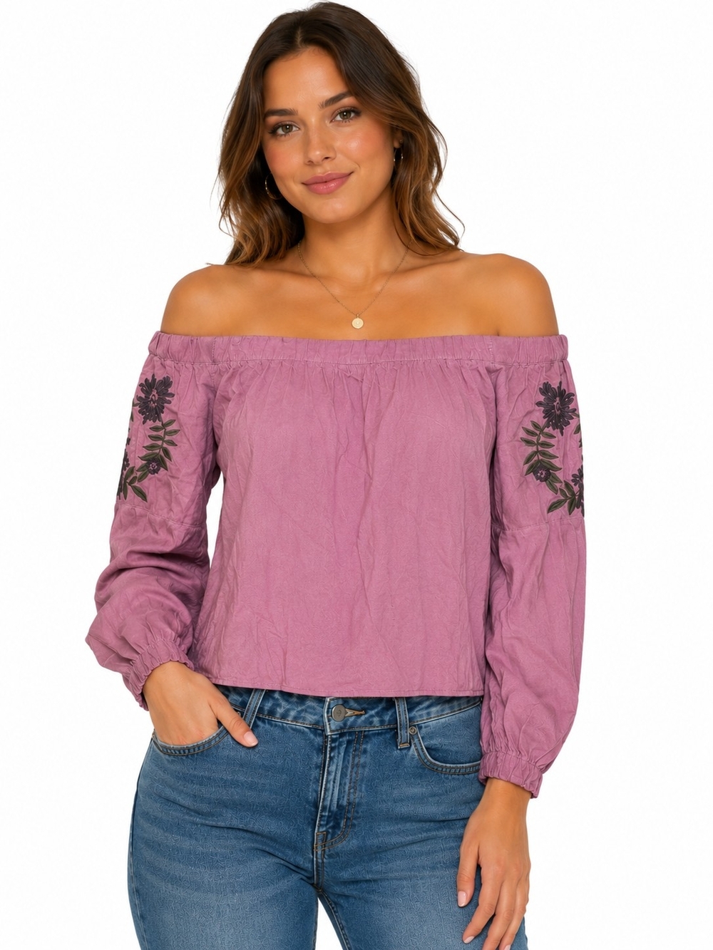 Talori Off-Shoulder Crop Embroidered Blouse in Mauve/Purple
